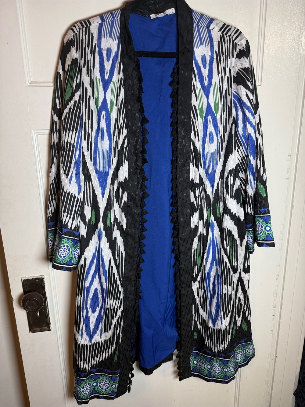 Chico's Bordered Tassel Ikat Kimono
- Blue, Black & White